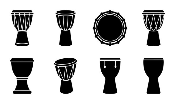 African Drums Collection, Djembe Percussion Vector Icons Set, Musical Instruments