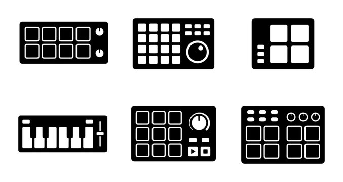 Music Production Controllers, Beat Maker Pads, DJ Gear Icons, Electronic Instrument Interfaces