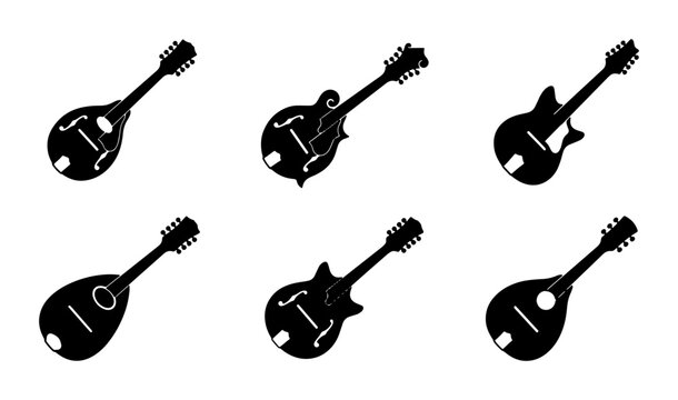 String Instrument Icons: Mandolin, Guitar Silhouettes, Music Vector Set