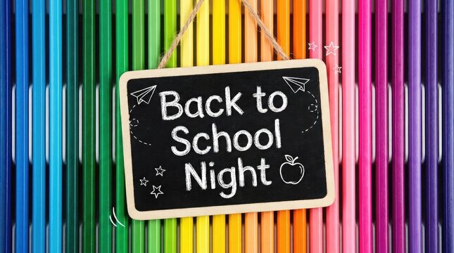 Colorful back to school night sign with crayons background