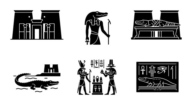 Ancient Egyptian Icons: Sobek, Temples, Hieroglyphs, Crocodile Vector Set