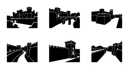 Castle Walls, Fortifications, Medieval Architecture Vector Icons Set © MdNurul