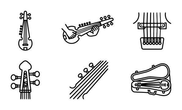 Indian String Instruments Vector Icons Set, Classical Music Elements, Cultural Performance Graphics