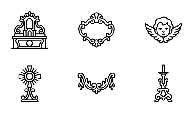 Religious Icons Set: Altar, Cherub, Candlestick, Ornate Frames