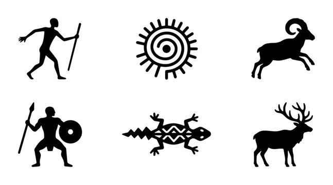 Ancient Petroglyph Icons: Hunters, Sun, Wildlife Silhouettes