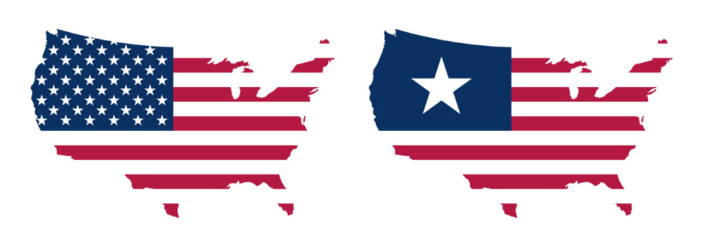 USA map flag illustration set, American patriotic United States map symbol for Independence day, National celebration, travel, geography and national identity design element, Vector illustration.