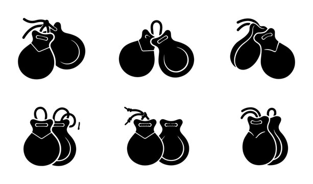 Castanets Icons, Flamenco Percussion Instruments, Musical Rhythm Symbols, Vector Set
