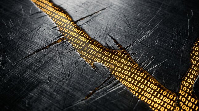 Glowing golden binary code revealed through a crack in a dark scratched metallic surface