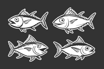 Fototapeta premium Tuna fish set featuring four hand drawn sketch style illustrations of swimming marine animals isolated on a dark background for creative graphic design projects today
