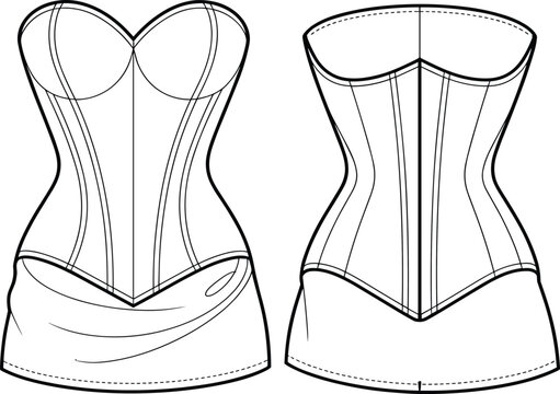 Strapless Corset Mini Dress Technical Fashion Flat Sketch with Front and Back Views Vector Apparel Design Template