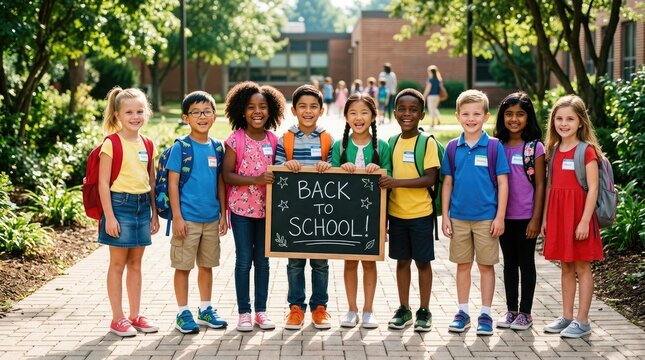 Smiling kids with backpacks holding a back to school sign on a brick pathway outside a school building on a sunny day
