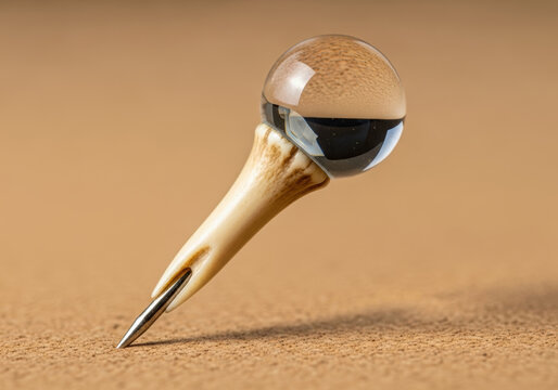 Conceptual glass golf ball on a bone tee, surreal sports equipment on sand background, creative golf concept for luxury branding and competition