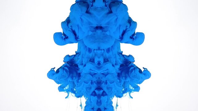 Cobalt ink descends into a mirrored oracle-like column on white, forming layered vaporous folds, hidden faces and sacred totem symmetry with a hypnotic, trance-driven psychedelic atmosphere.