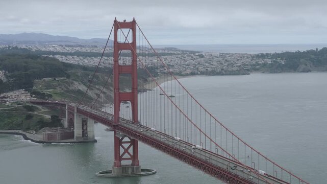 Golden Gate Bridge South Tower Aerial Shot With Beautiful Overcast Sky