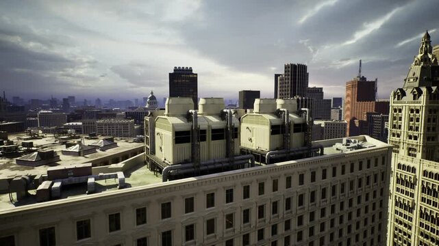 Service rooftop scene near Chicago core showing utility cabinets, access doors, vents and piping, practical urban infrastructure against tall facades.