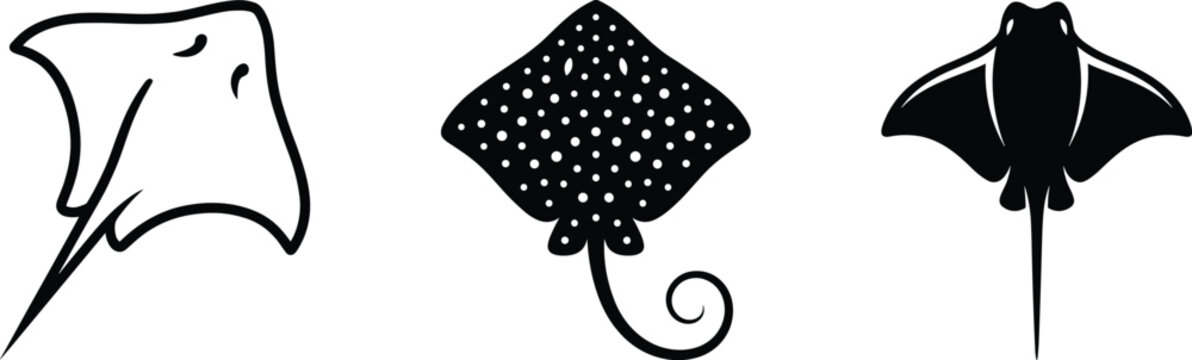Minimalist stingray and manta ray silhouette vector illustrations with decorative spotted marine animal designs for ocean wildlife art