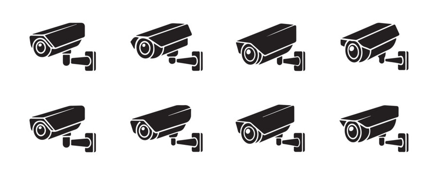 Set of professional bullet cctv surveillance cameras mounted on brackets isolated on transparent canvas.