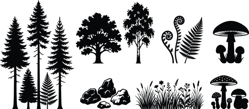 Forest elements silhouette collection, woodland nature icon set, pine trees mushrooms and ferns vector, wild forest landscape symbols isolated