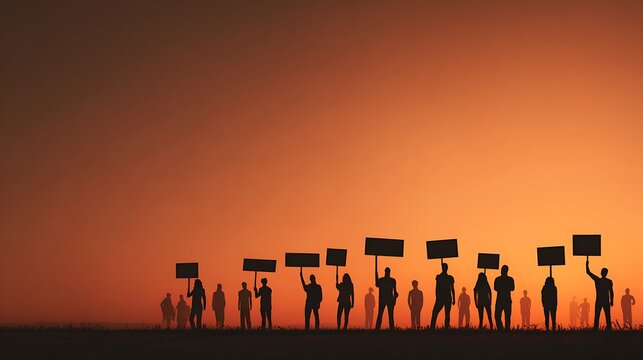 Silhouette of a protest march against a vibrant sunset sky.
