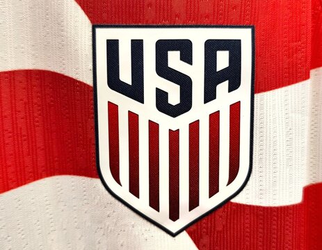 Photo of the embroidered emblem of the United States national football team&rsquo;s 2026 home kit. The USMNT represents the United States in men's international soccer.