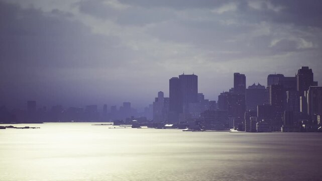 Sunlit Miami skyline with glittering water bright afternoon light, shimmering bay, clear outlines of highrises, upbeat warm mood for lifestyle and travel