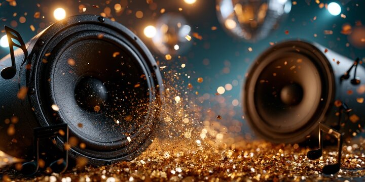 Vibrant golden glitter and musical notes surround powerful black speakers in a festive party atmosphere with bokeh lights.