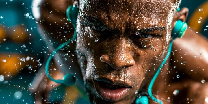 Intense close-up of a sweating black male athlete wearing teal earphones during a hard gym workout session.