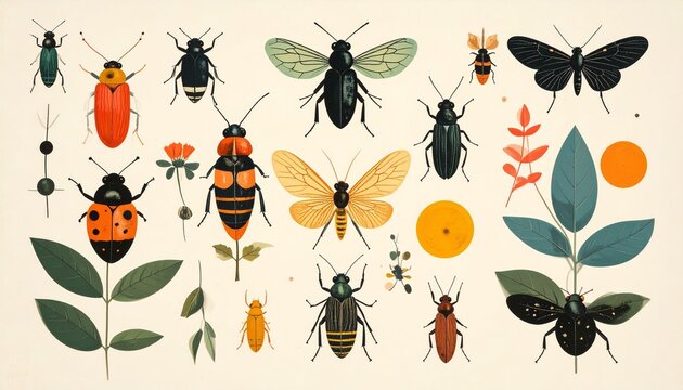 Diverse Insect Collection - A Colorful and Detailed Illustration.