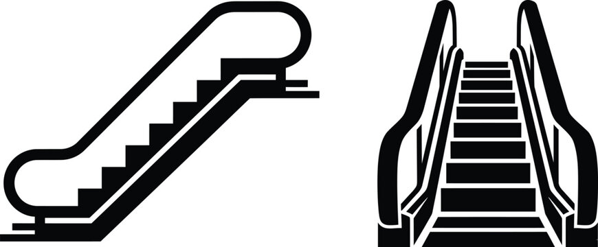 Escalator silhouette icon set, moving staircase vector in two views, mall and airport escalator symbols, minimalist public transport stairs illustration isolated