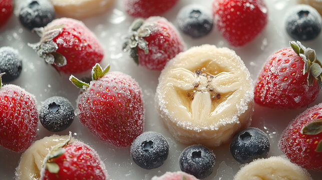 Freshly frozen strawberries, blueberries, and sliced bananas in a colorful mix