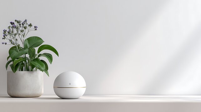 Minimalist home decor with potted plant and white spherical object on a shelf, bathed in natural light.