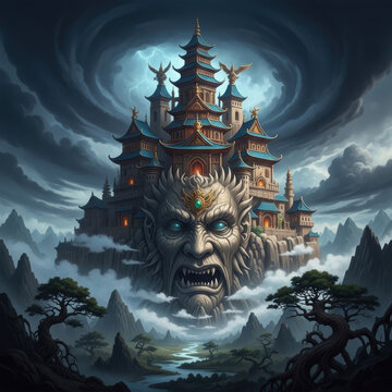 Fantasy oriental temple on a giant stone face mountain, mystical asian pagoda fortress in stormy clouds, epic demon head rock carving architecture