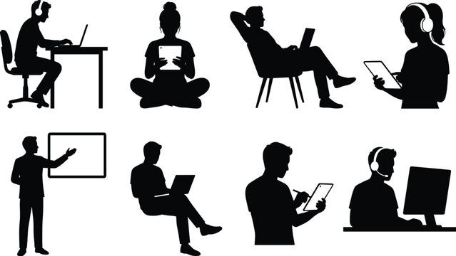 Collection of people silhouettes working with technology, laptops, tablets, and presenting in professional environments