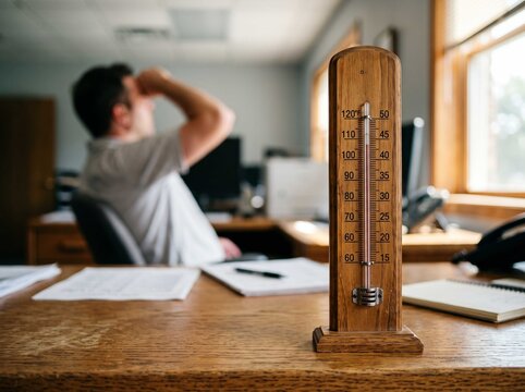 Wooden thermometer showing high temperature with a stressed man in background, symbolizing global warming and heatwave discomfort