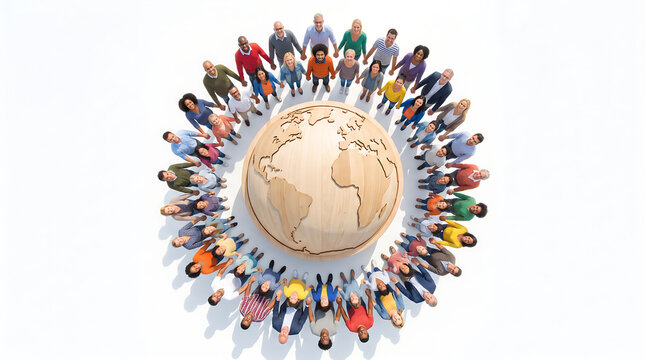 Diverse Crowd of People Forming Circle Around Earth Globe