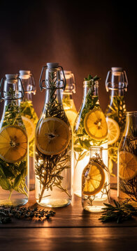 Rustic infused water in glass bottles with lemon and rosemary, herbal detox drinks in swing top bottles, healthy citrus beverage still life