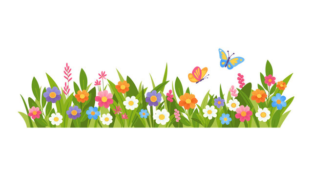 Colorful spring flower bed border with butterflies vector illustration