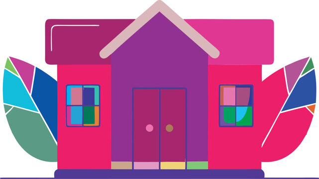 A vibrant house featuring a purple facade, red walls, and stylized leaf shapes on sides