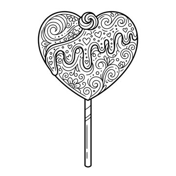 Heart shaped lollipop coloring page vector