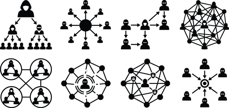 Criminal network silhouette icon set, organized crime and underground hierarchy vector, hacker group and syndicate network symbols, illegal connection web icons isolated