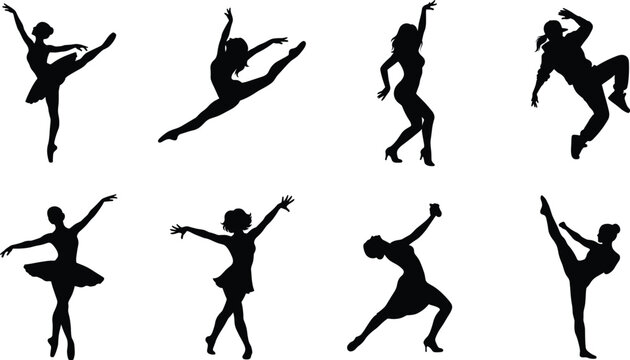 Set of black silhouettes featuring dancers performing various styles like ballet, hip hop, and contemporary dance
