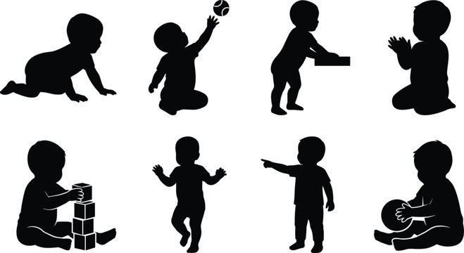 Set of black silhouettes showing babies and toddlers in various playful activities
