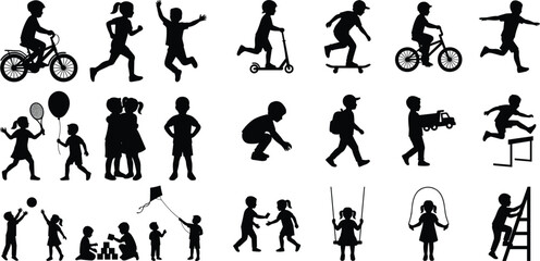 Children playing and riding bicycle scooter skateboard outdoor activity silhouettes isolated on white background © IconicCreations