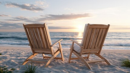 Fototapeta premium Two wooden lounge chairs facing the ocean at sunset on a sandy beach, with gentle waves and clouds in the sky creating a serene coastal atmosphere