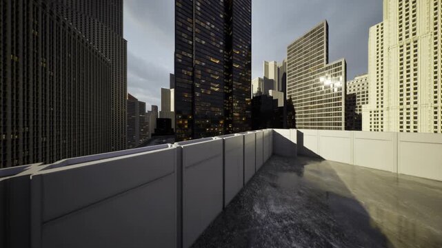 Sunrise rooftop edge framing Dallas skyline, quiet pastel light on parapet and glass towers, ideal real estate showcase or urban morning backdrop