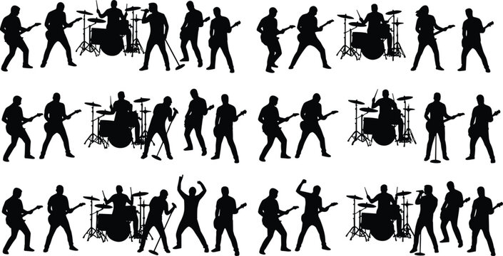 Rock band musicians silhouette mega set with guitar players drummers and singers performing