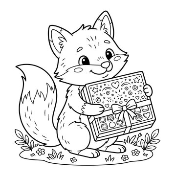 Cute fox holding a box of chocolates coloring page