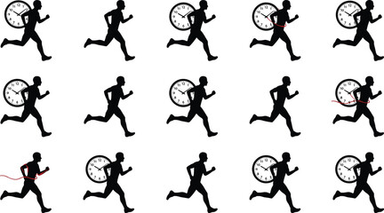 Obraz premium Running man silhouette set with clock representing deadline time management and crossing finish line