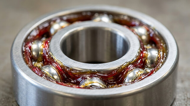 Close-up Macro shot of a ball bearing with red grease lubrication for industrial applications