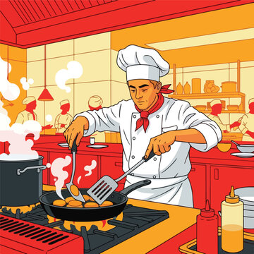 Chef cooking food in a busy kitchen with steam and other chefs preparing meals